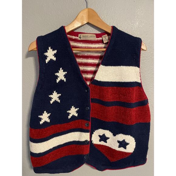 Marsh Landing Sweater Vest Womens Medium Red White Blue American Flag Button Up - Picture 1 of 8